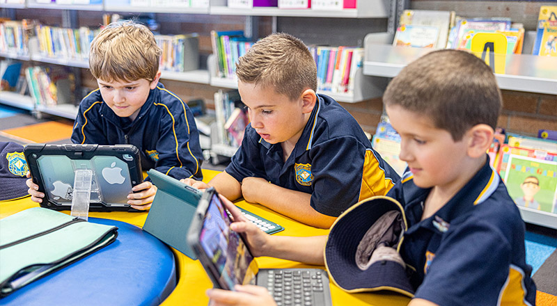 Boys learning in the St Mathew's Catholic Primary Windsor library