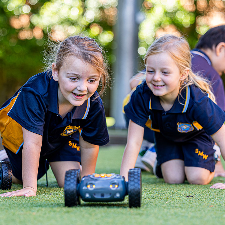Girls with robot at St Mathew's Catholic Primary Windsor